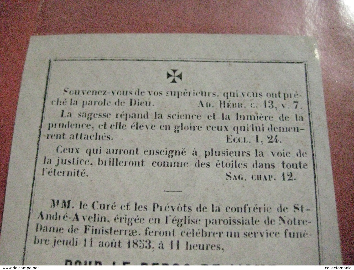 porseleinkaart doodsprent tres réverend DE CONINCK Pierre + 1853  - St gudule - confrèrie  de André AVELIN