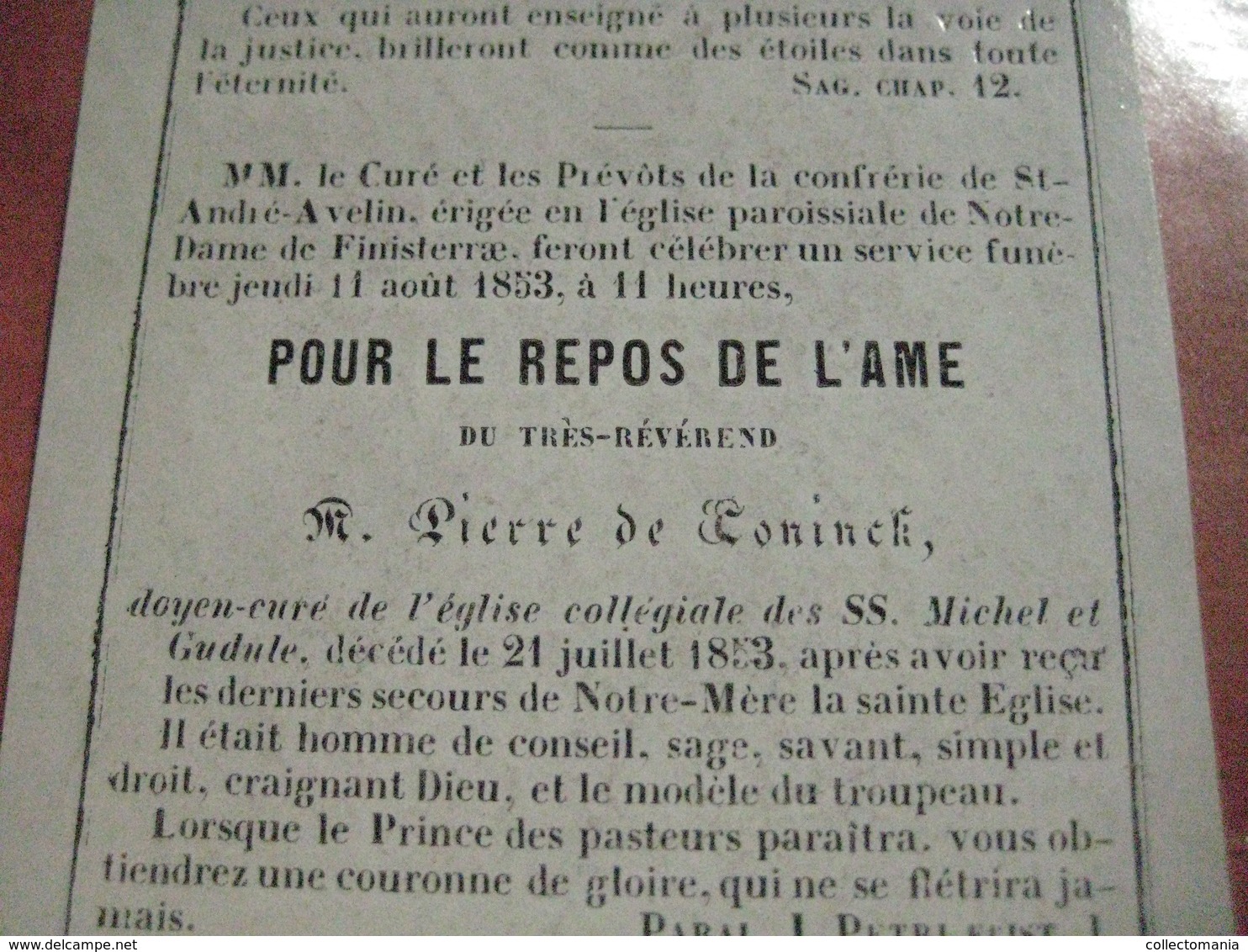 porseleinkaart doodsprent tres réverend DE CONINCK Pierre + 1853  - St gudule - confrèrie  de André AVELIN