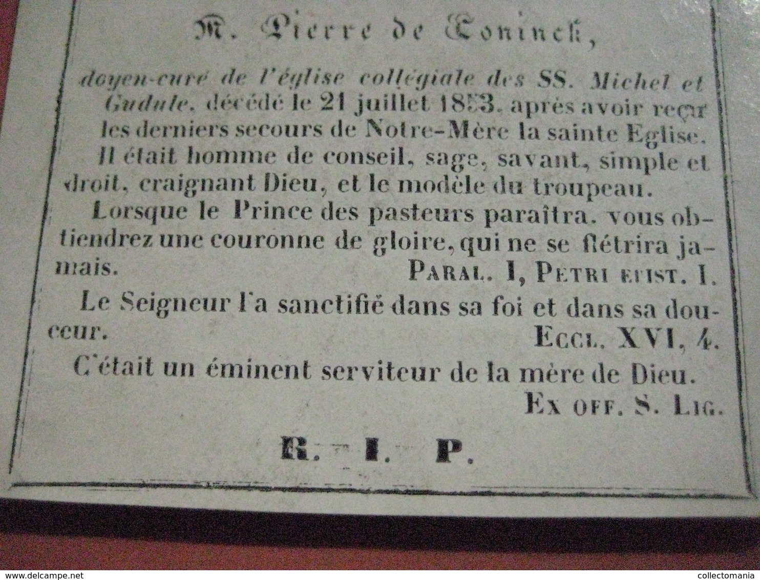 porseleinkaart doodsprent tres réverend DE CONINCK Pierre + 1853  - St gudule - confrèrie  de André AVELIN