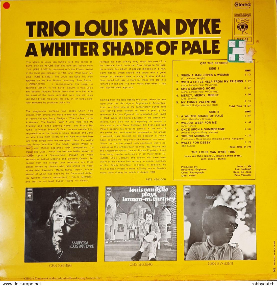 * LP *  TRIO LOUIS VAN DYKE - A WHITER SHADE OF PALE (Holland 1972 Ex-!!!) - LOUIS VAN DIJK - Jazz