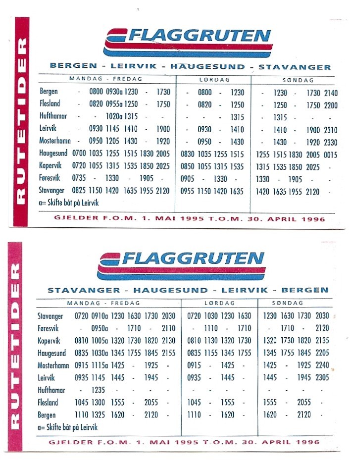 Rutetider - Flaggruten : Bergen - Larvik - Haugesund - Stavanger (1995-1996) [bateau - Boatschedule - Schiffszeitplan] - Europa
