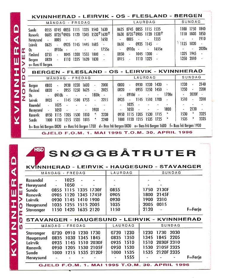 Rutetider - Snoeggbatruter - Kvinnherad - Leirrvik - Haugesund - Stavanger (1995-1996) [bateau - Boat - Schiff] - Europe