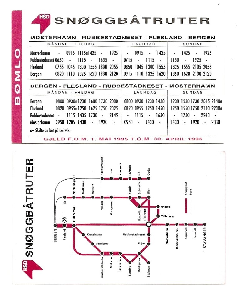 Boemlo - HSD Snoeggbatruter - Mosterhamn - Rubbestadneset - Flesland - Bergen (1995-1996) [Bus] - Europe