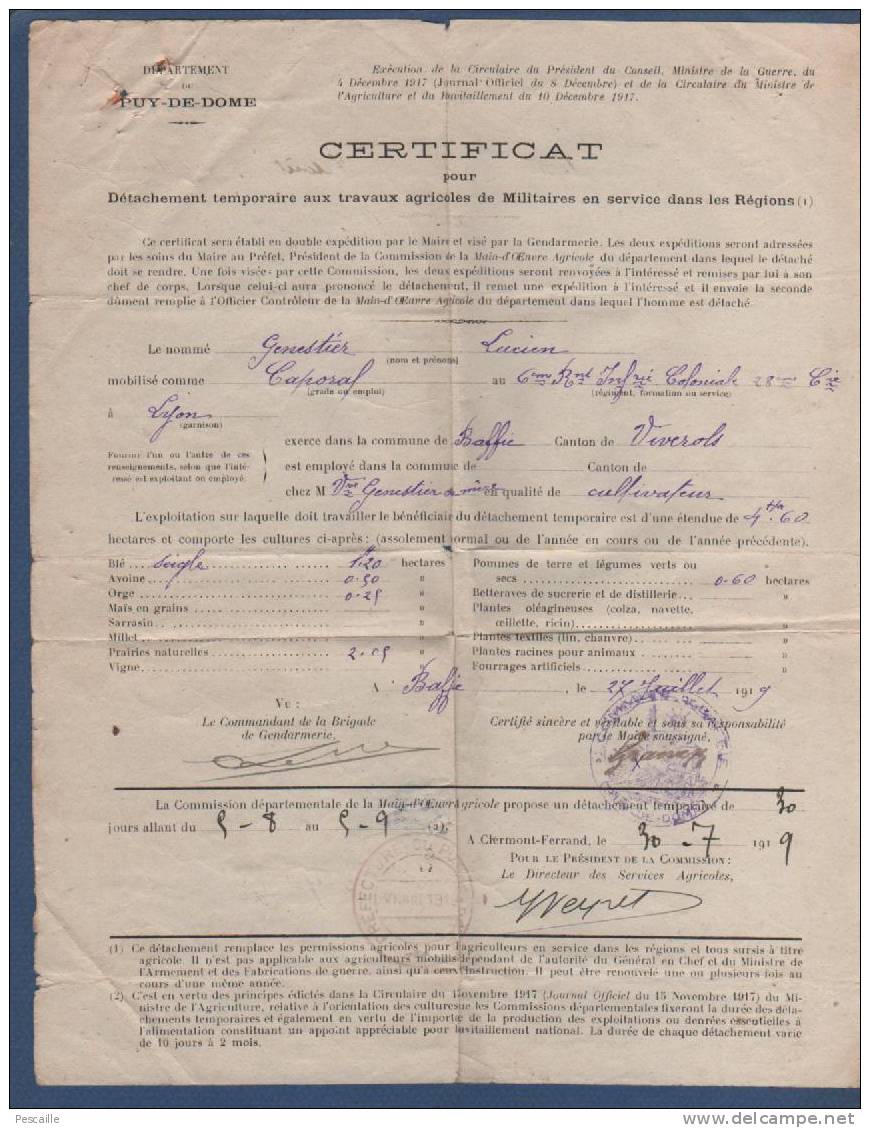 63 PUY DE DOME BAFFIE - 1919 - CERTIFICAT DETACHEMENT AUX TRAVAUX AGRICOLES DE MILITAIRE - 6e RGT INFANTERIE COLONIALE - Documents Historiques