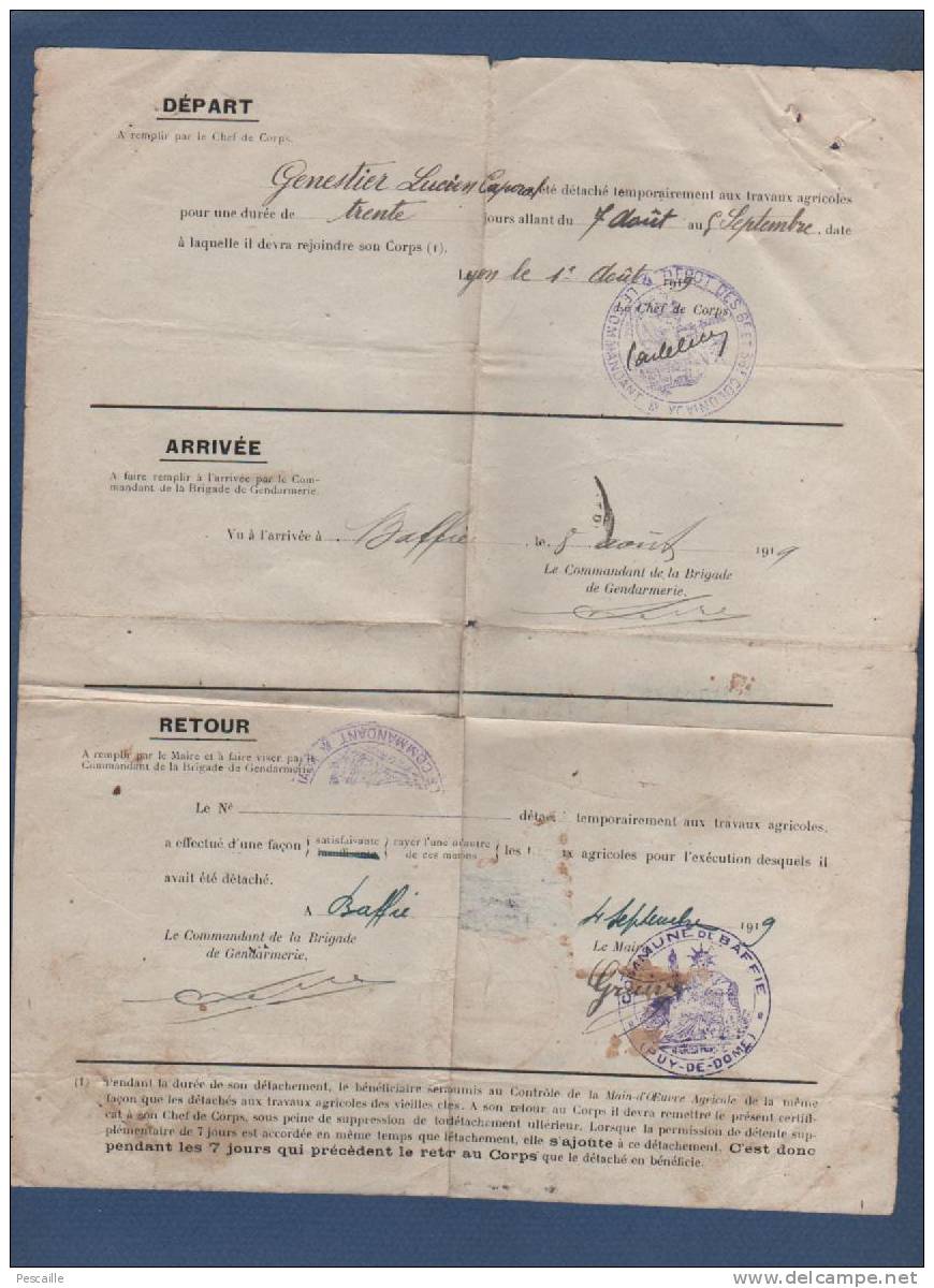 63 PUY DE DOME BAFFIE - 1919 - CERTIFICAT DETACHEMENT AUX TRAVAUX AGRICOLES DE MILITAIRE - 6e RGT INFANTERIE COLONIALE - Documentos Históricos