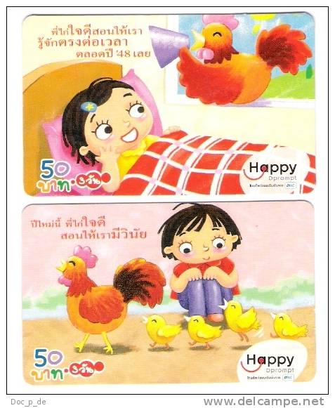 Thailand - Set Of 2 Prepaid Cards - Chicken - Huhn - Hahn - Cock - Kücken - Comic - Happy - Tailandia