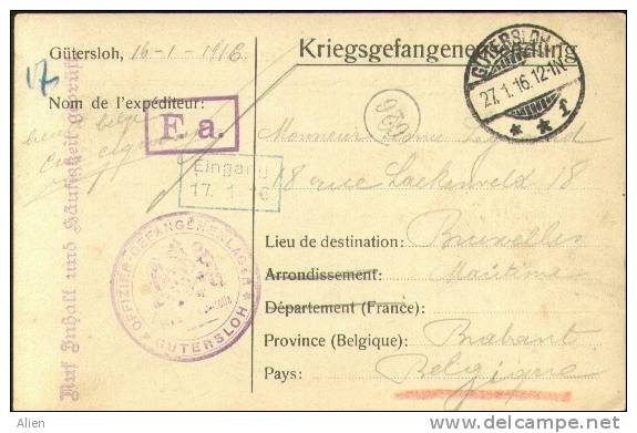 Krijgsgevangenenkaart Officierenkamp Gutersloh Naar Brussel 1916. - Prisoners
