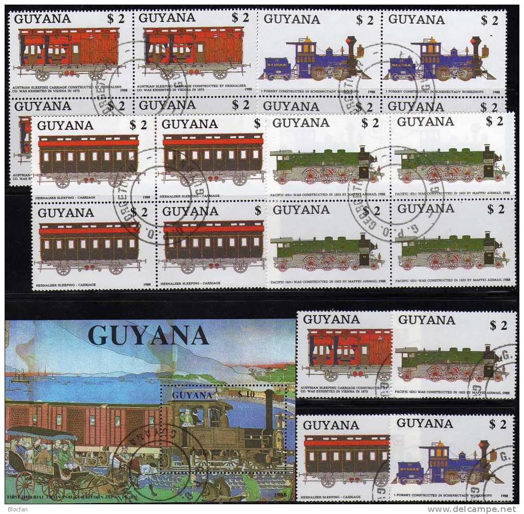 Dampflok/Waggons 1989 GUAYANA 2475/8,VB+Block 32 O 100€ Historische Loks Bloque Blocchi Hoja M/s Train Sheet Bf AMERICA - Altri (Terra)