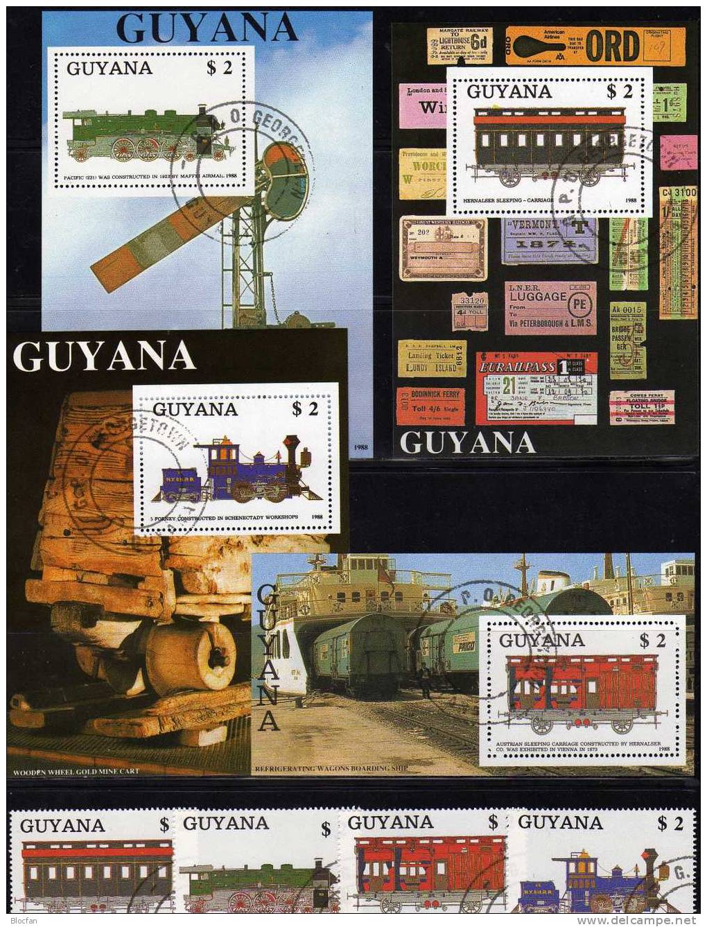 Historische Eisenbahn 1989 GUYANA 2475/8+ Block 33 Bis 36 O 38€ Dampflok Und Waggons Bloc Train Sheet Of America - Guyane (1966-...)