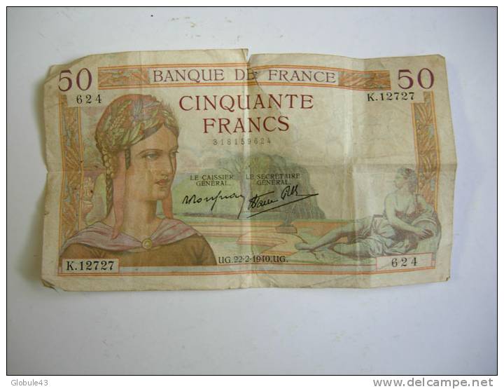 BILLET DE 50 F 1940 UE  CERES (dechiré Mais Ne Manque Rien) - 50 F 1934-1940 ''Cérès''