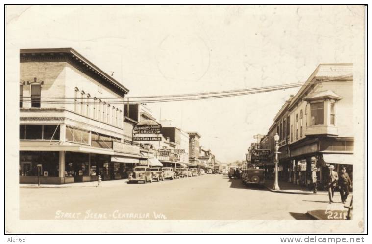 Centralia WA Ellis #2211 Street Scene On 1930s 40s Vintage Real Photo Postcard, Drug Store Fountain Sign - Other & Unclassified