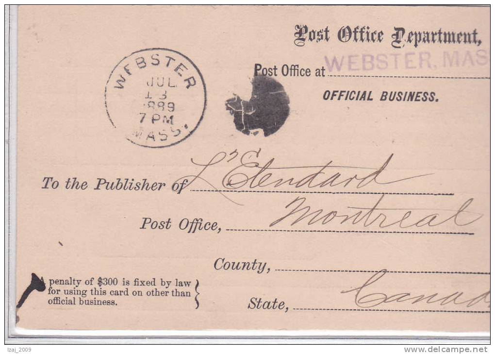 CP De Service En FRANCHISE Obl.dupl.WEBSTER/MASS.13 JUL.1889 V.MONTREAL(CANADA). TB - Briefe U. Dokumente