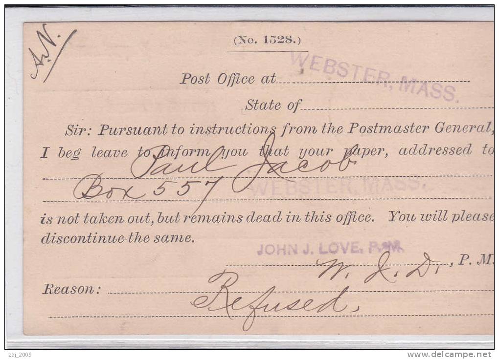 CP De Service En FRANCHISE Obl.dupl.WEBSTER/MASS.13 JUL.1889 V.MONTREAL(CANADA). TB - Covers & Documents