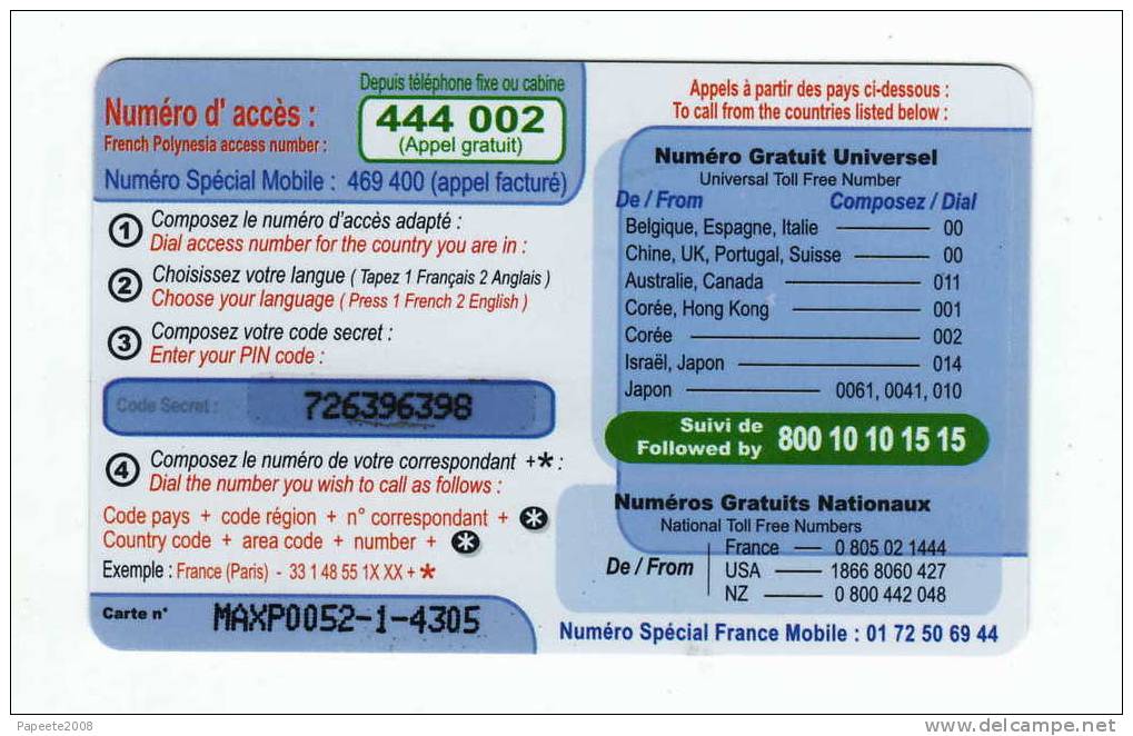 Polynésie / Tahiti / Bdpolynesie - Carte Prépayée MAX PHONE De 1 000 FCFP - Luxe - Französisch-Polynesien