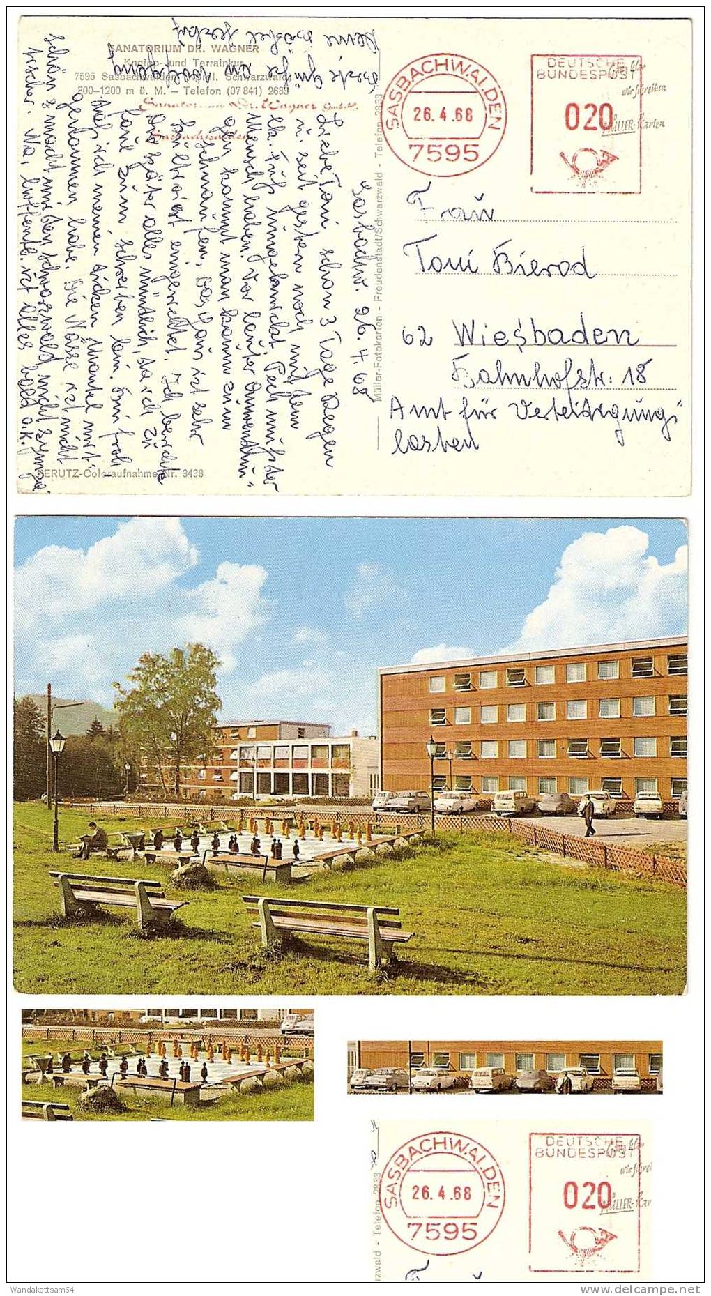 AK 3438 Sasbachwalden SANATORIUM DR. WAGNER Freischach VW-Käfer Automarken 26.4.68 20 Pf Freistempel 7595 SASBACHWALDEN - Achern