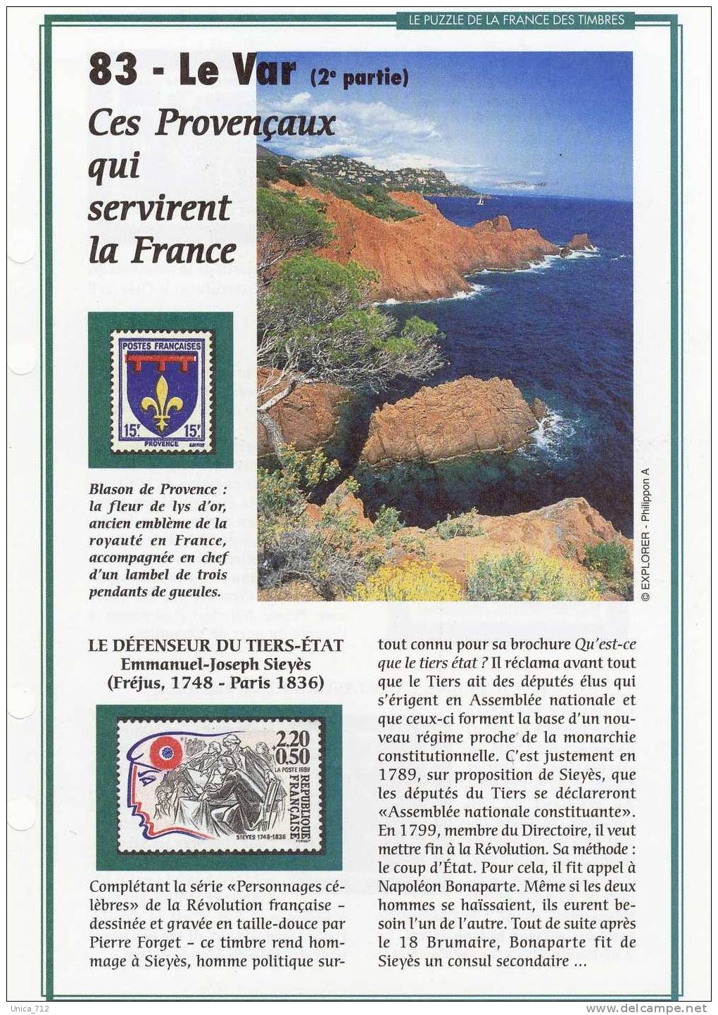 Fiches "Puzzle De La France Des Timbres"   PROVENCE COTE D´AZUR  15 Fiches + 10 Copies (04-05-06-13-83-84) - Collections