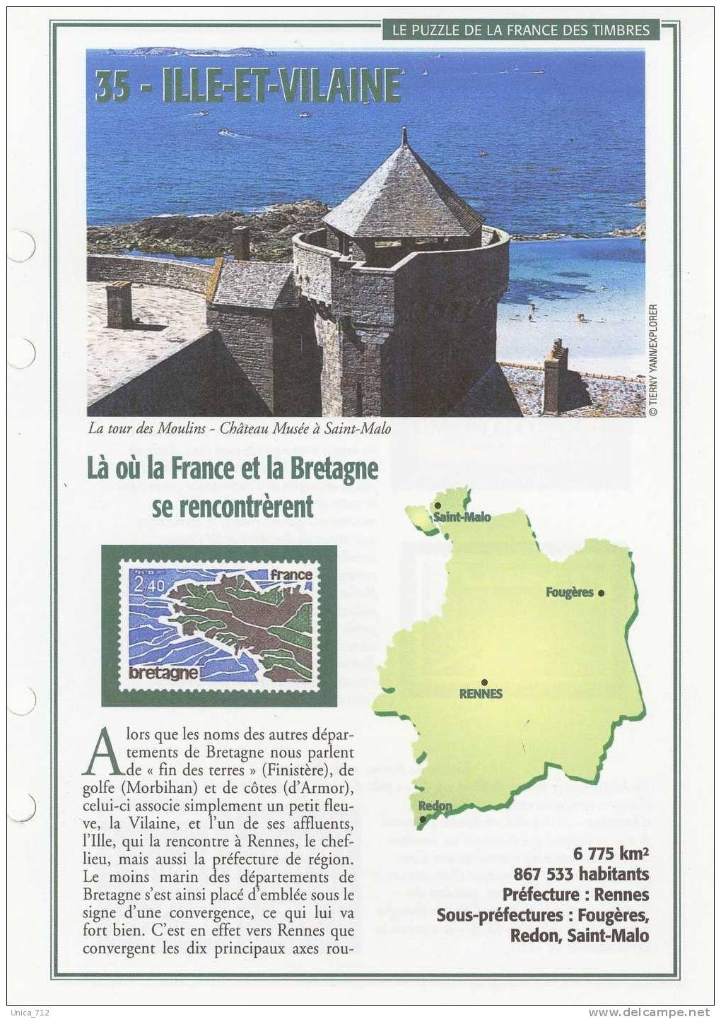 Fiches "Puzzle De La France Des Timbres"   BRETAGNE 10 Fiches  (22-29-35-56) - Francés (desde 1941)