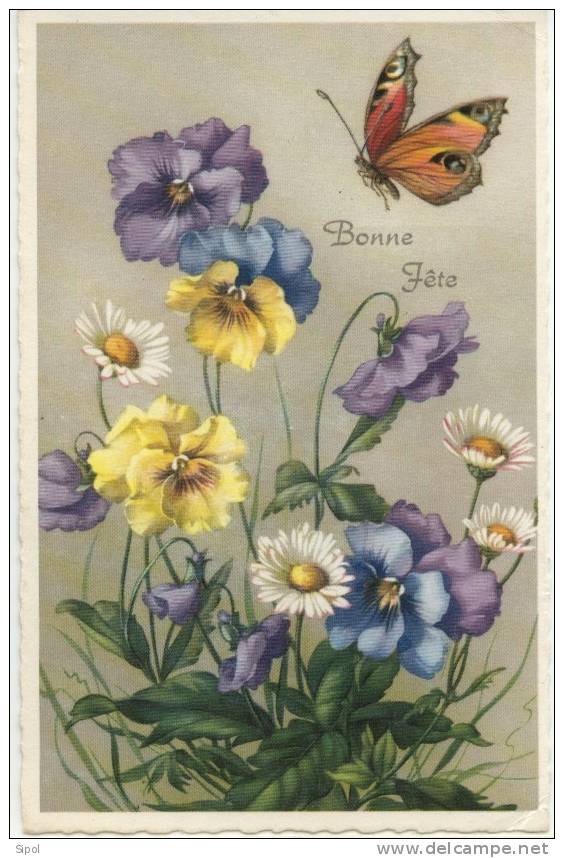 Bonne Fête - Papillon Et Bouquet De Printemps ( Pensées Et Paquerettes ) Année1966 TBE - Butterflies