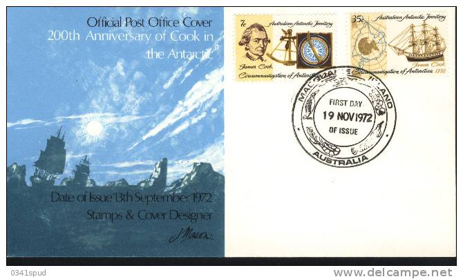 1972  Australia   AAT  FDC  Macquarie Island  Base Pôle Sud Polo Sud South Pole  FDC James Cook - FDC