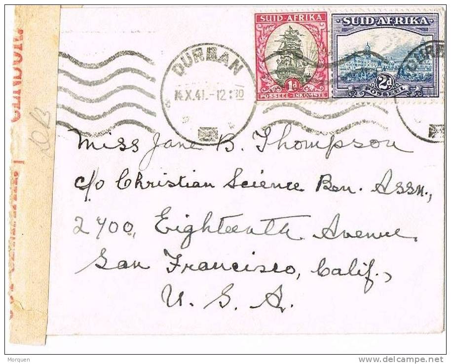 2197. Carta DURBAN (South Africa) 1941. Censor. Censura - Storia Postale