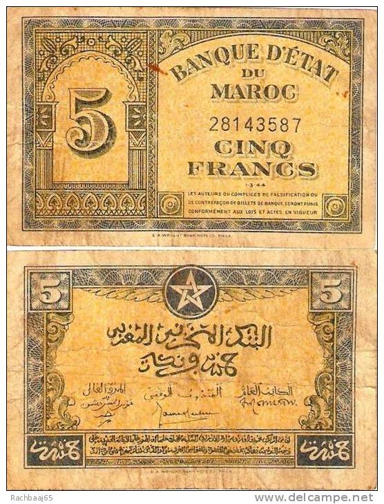 MAROC 5 FRANCS ;01 03 1944  ETAT TTB+ - Maroc