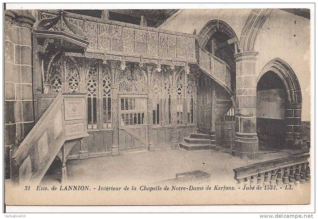 22..ENVIRONS DE LANNION..INTERIEUR DE LA CHAPELLE DE NOTRE DAME DE KERFONS..JUBE DE 1532...2 SCANS..1926 - Lannion