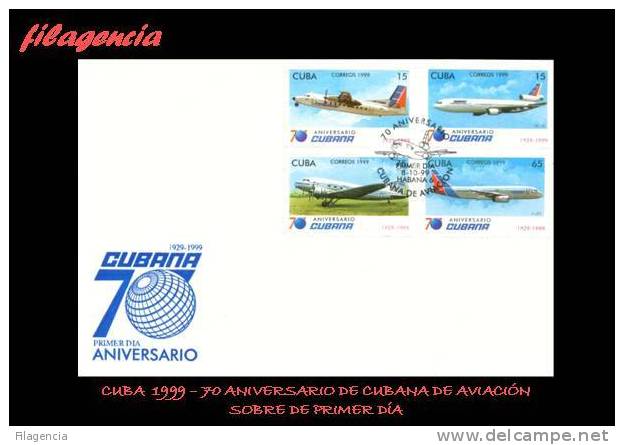 AMERICA. CUBA SPD-FDC. 1999 70 ANIVERSARIO DE CUBANA DE AVIACIÓN. AVIONES - FDC