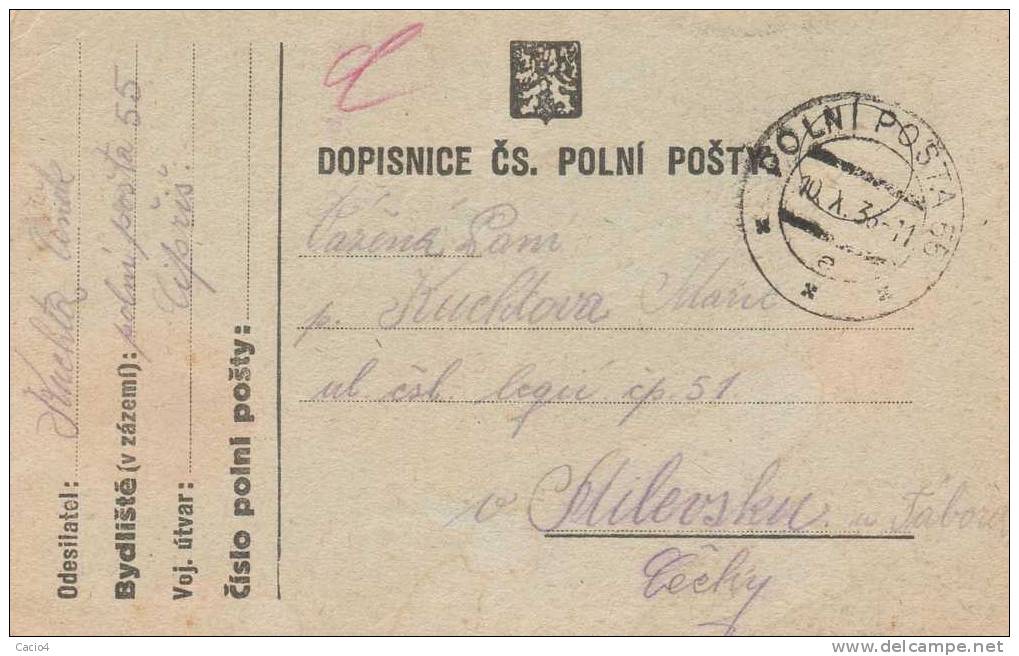 1938 DCPP Card, With Return Address Of Polni Posty 55 - Timbres-taxe