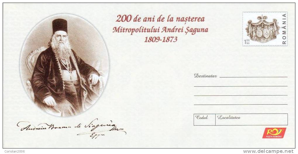 Romania / Postal Stationery / 200 Years Andrei Saguna - Theologen