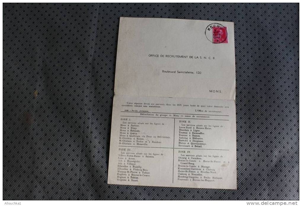 11-12-1942 GUERRE OFFICE DE RECRUTEMENT:SOCIETE NATIONALE DES CHEMINS DE FER BELGE:MONS ENVOI POSTAL CACHET CONVOYEUR - Ambulants
