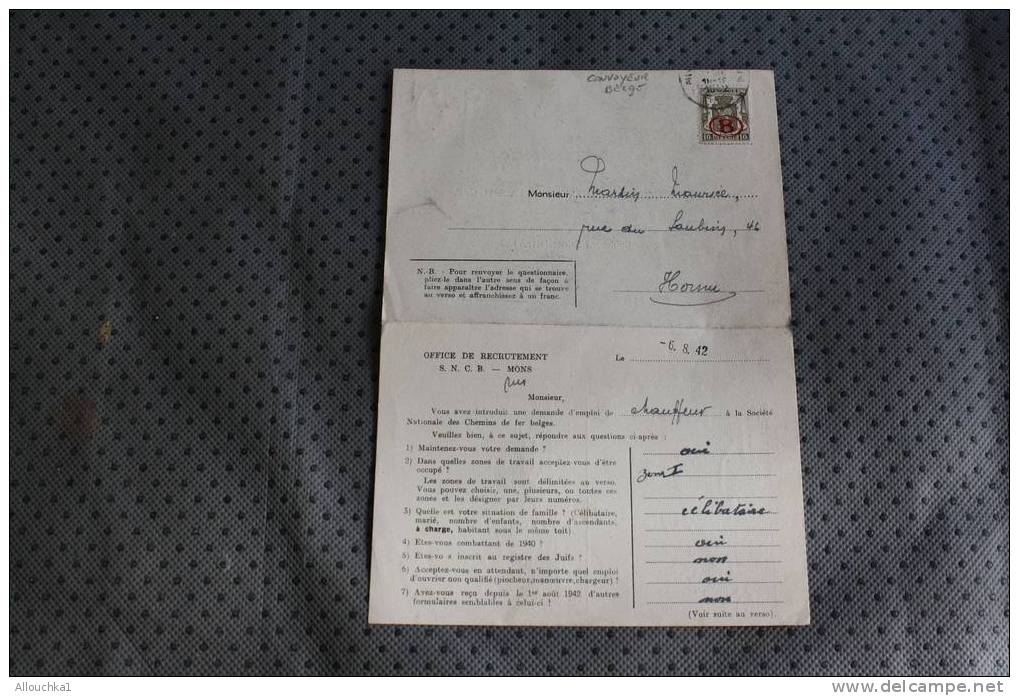 11-12-1942 GUERRE OFFICE DE RECRUTEMENT:SOCIETE NATIONALE DES CHEMINS DE FER BELGE:MONS ENVOI POSTAL CACHET CONVOYEUR - Ambulants