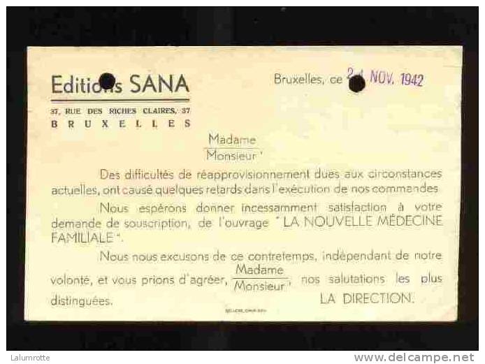 LetDoc. 574. Carte Postale Des Editions SANA, Rue Des Riches Claires Bruxelles. Petit Sceau D'état 10c N°420. 1942 - 1935-1949 Kleines Staatssiegel