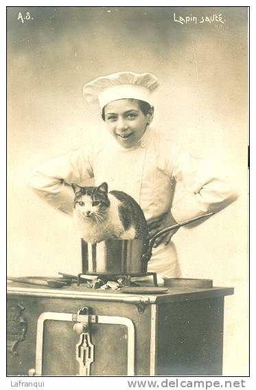 METIERS-  Metiers -ref  25- Le Petit Cuisinier - Lapin Sauté- Le Chat - Theme Chats -cuisiniers - Carte Bon Etat - - Alberghi & Ristoranti