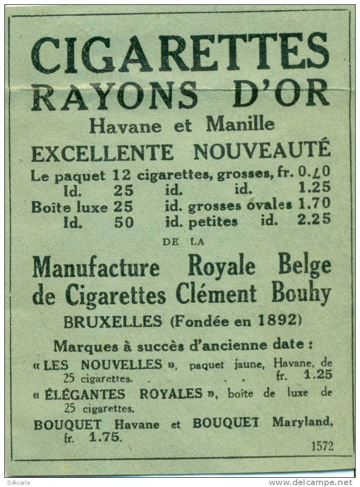 Reclame Uit Oud T.C.B. Magazine 1925 - Cigarettes RAYONS D'OR - Bruxelles - Manufacture Royale Belge De Cigarettes Cléme - Documents