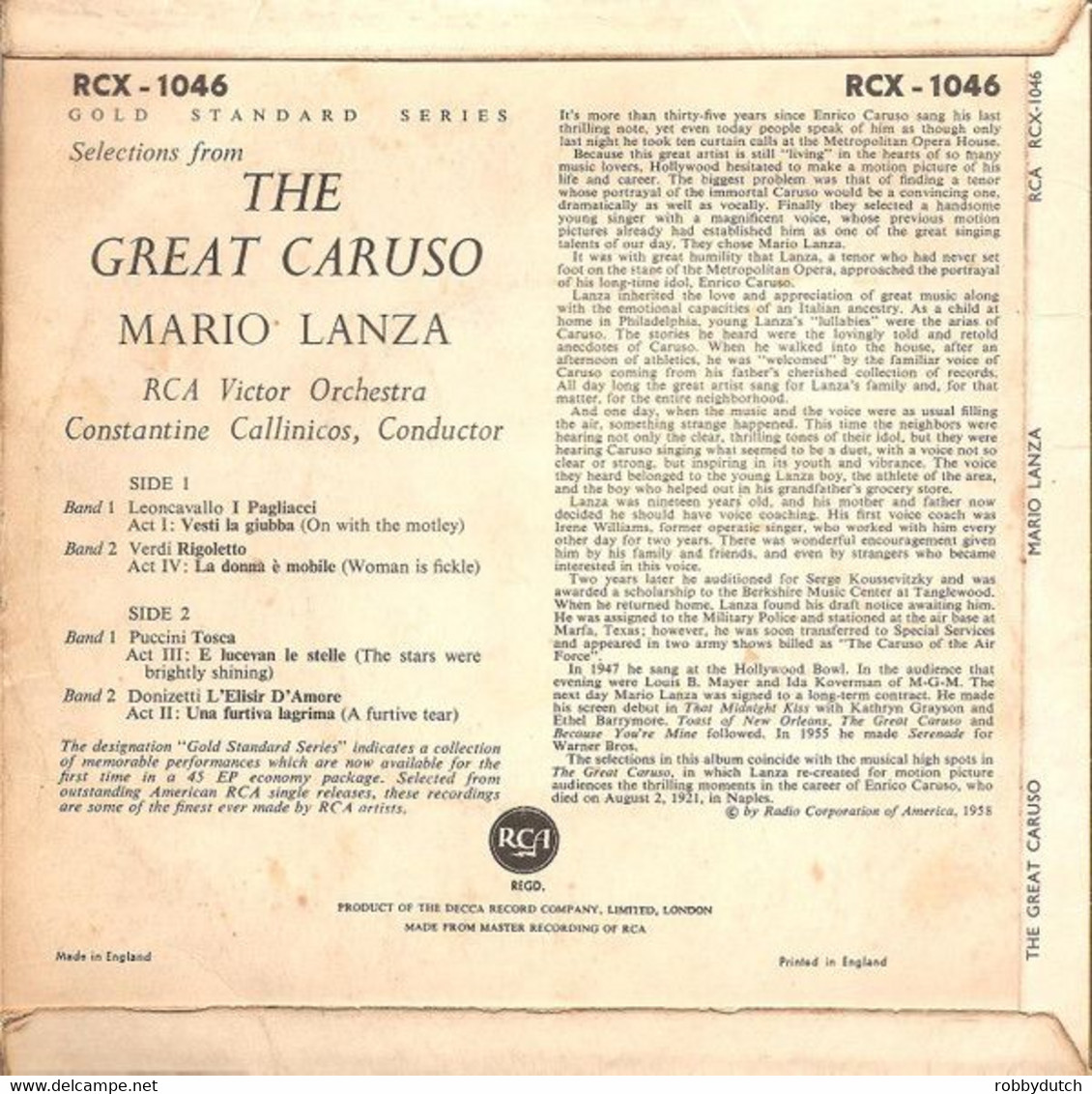 * 7" EP *  MARIO LANZA - THE GREAT CARUSO (U.K. 1959) - Opéra & Opérette