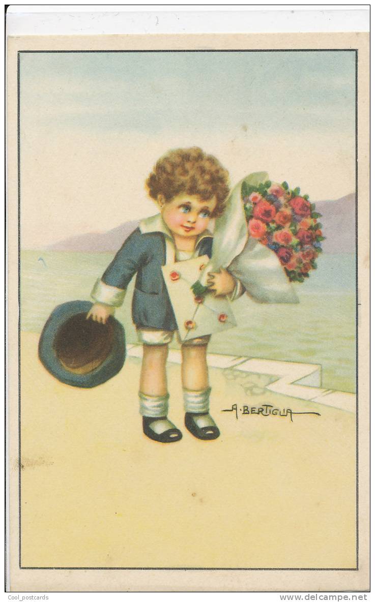 BERTIGLIA A. ITALIAN ART DECO, Children Cute Little Boy With Bunch Of Roses & Letter,  EX Cond. PC, Mailed - Bertiglia, A.