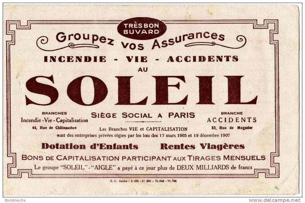 Buvard Au Soleil  Paris : Assurance, Incendie - Vie - Accidents - Capitalisation, Rente Viagère, Dotation D'enfant - Banque & Assurance