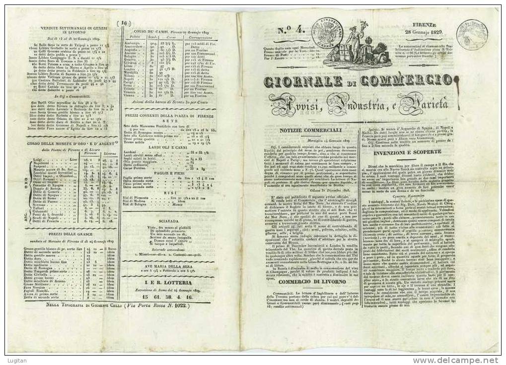 Documento Storico: Il "Giornale Di Commercio" N°4 - Firenze 28 Gennajo 1829 - Documents Historiques