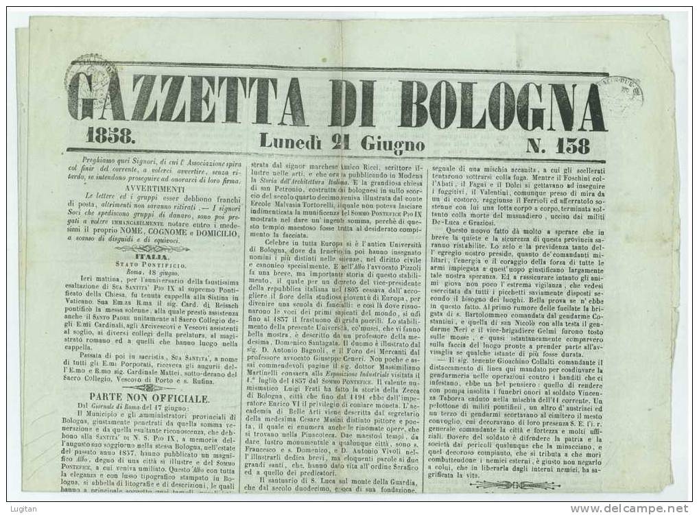 Documento Storico: La "Gazzetta Di Bologna" Nr 138 - 21 Giugno 1858 - Documents Historiques