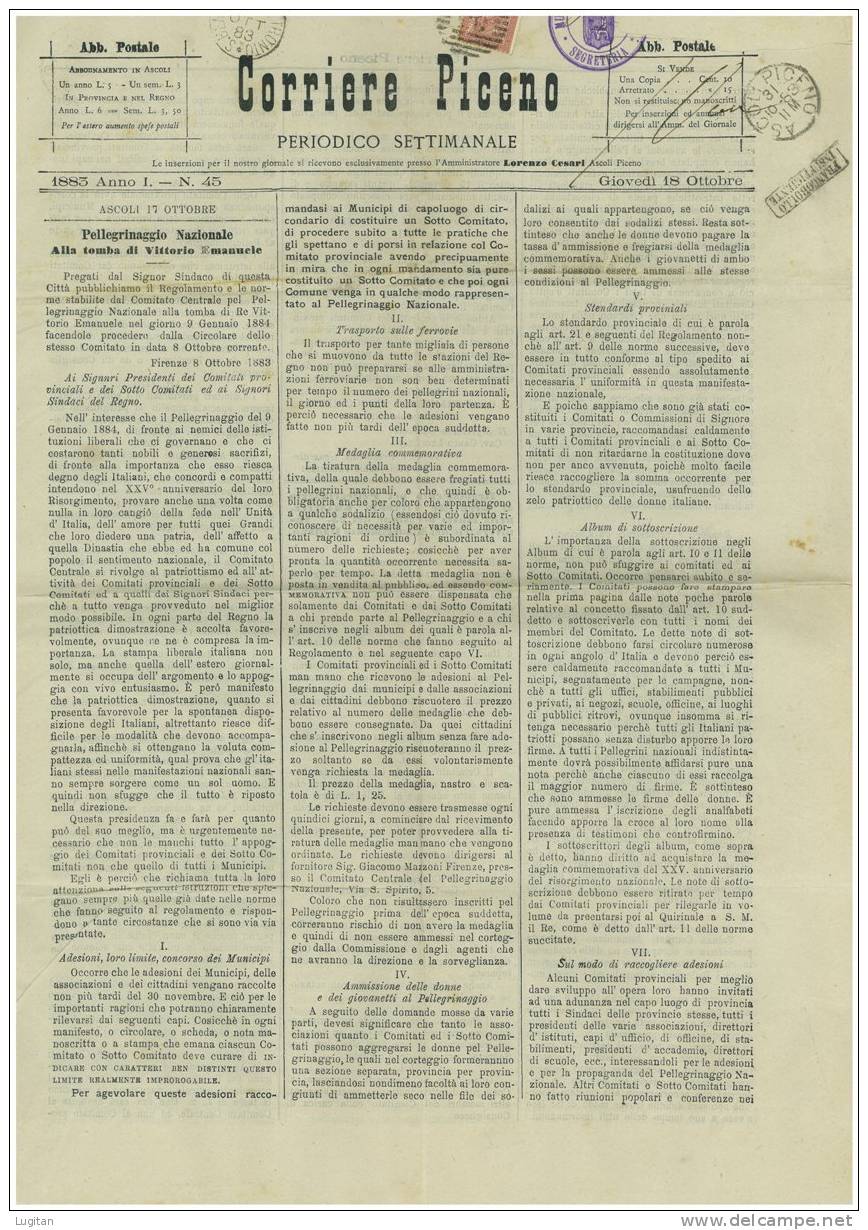 Documento Storico: Il"Corriere Piceno" Periodico Settimanale - Anno I° Nr. 45 - Anno 1883 - 18 Ottobre - Documents Historiques