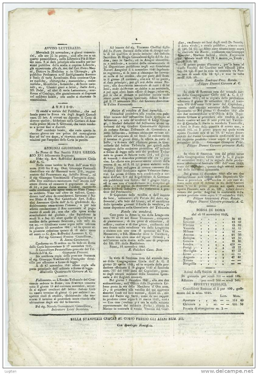 Documento Storico: Il"Diario Di Roma" Num. 93 Sabato 20 Novembre 1841 - Stato Pontificio - Documents Historiques