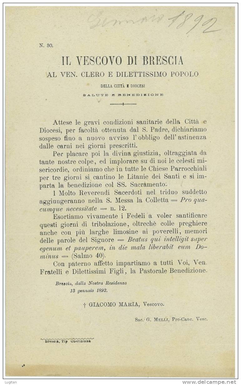 Il Vescovo Di Brescia - Al Ven. Clero E Dilettissimo Popolo - Documento Del 13 Gennaio 1892 - Lombardia - Brescia - Documents Historiques