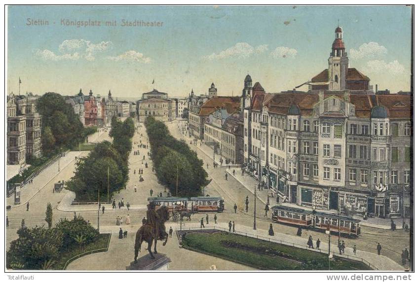 Stettin Königsplatz Mit Stadttheater Color Belebt Straßenbahn Tramway Tram Ungelaufen - Pommern