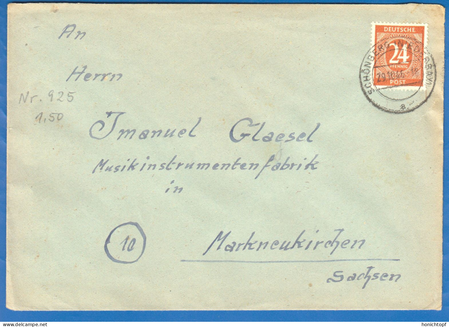 Deutschland; Alliierte Besetzung MiNr. 925; 1946; Schönberg Niederbayer - Lettres & Documents