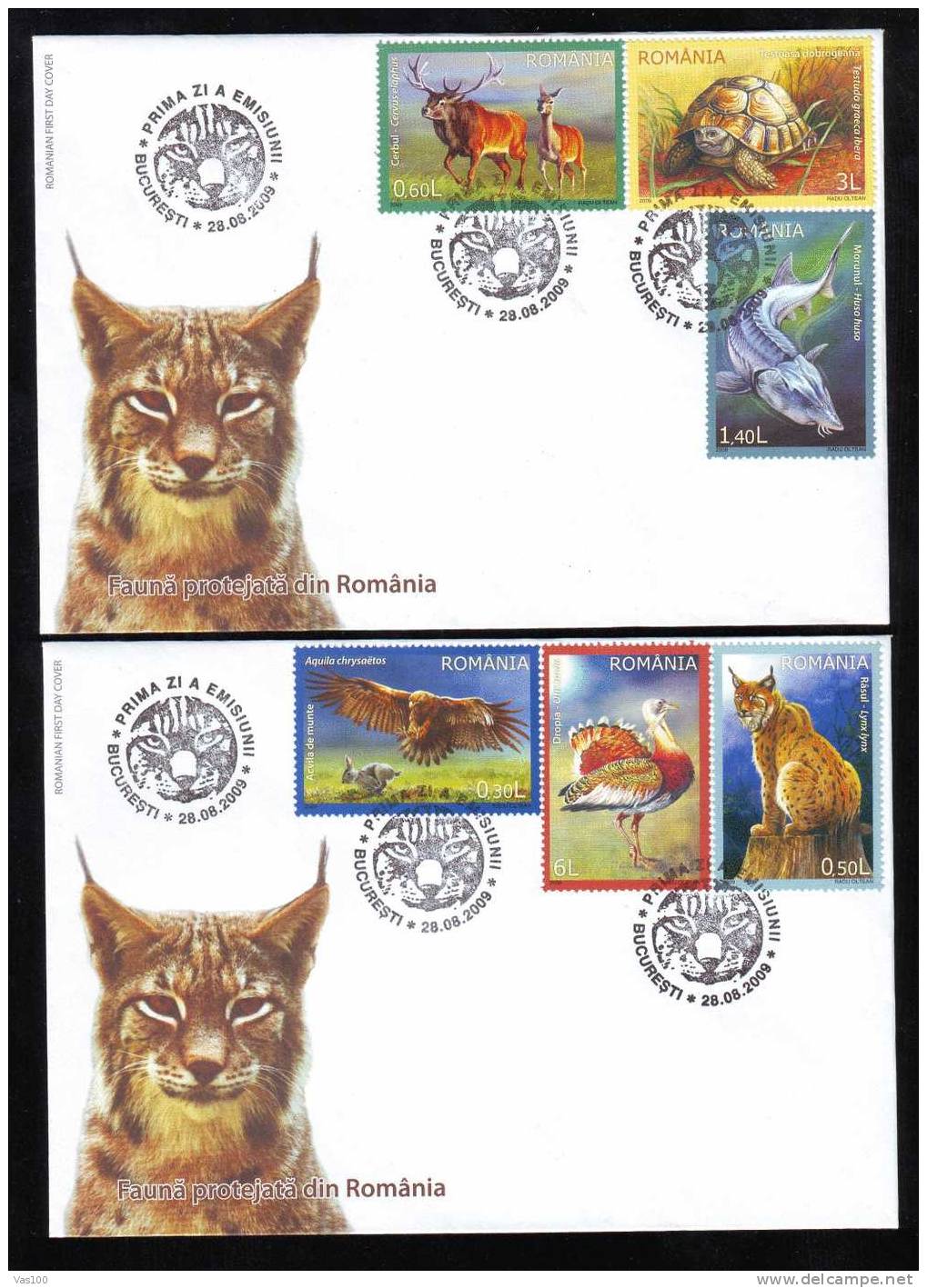 Animals Bird;Lynx,Cervus,Aquilla,Turtle,Fish,2009 2covers FDC Romania. - FDC