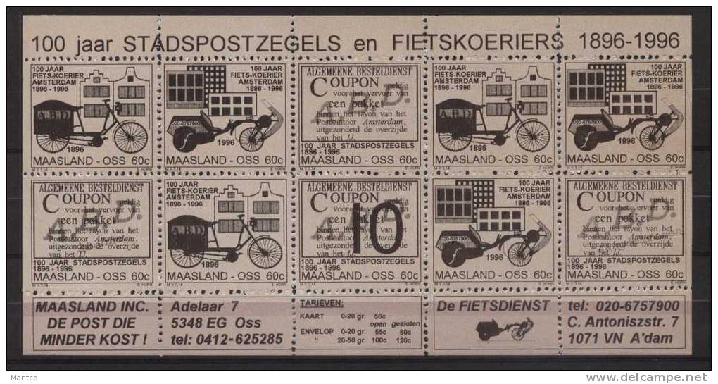 Stadspost MAASLAND OSS LOCAL MAIL NETHERLANDS S.S. 10X60ct BROWN BICYCLE FIETS VELO FAHRRAD - Vélo