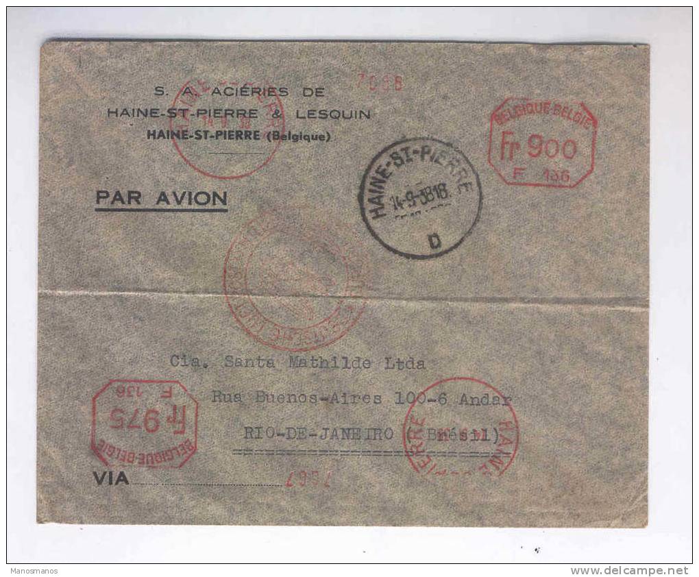 637/13 -   Lettre PAR AVION Affranchissement Mécanique HAINE ST PIERRE 1938 Vers Le BRESIL - Voie D'Allemagne - Other & Unclassified