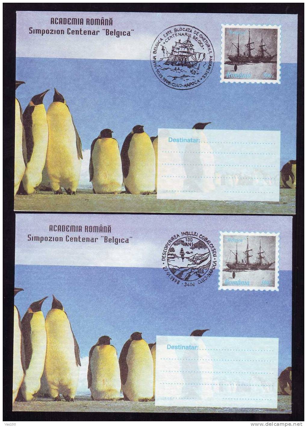 Pingouins & Manchots,Explorer Racovita Ship Belgica In Antarctica,2x Stationery Cover 1997 Romania. - Penguins