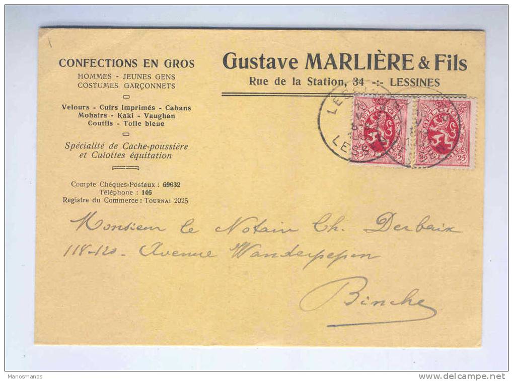 648/13 -  Carte Privée TP Lion Héraldique LESSINES 1932  Vers BINCHE - Entete Confections En Gros Marlière § Fils - 1929-1937 Lion Héraldique