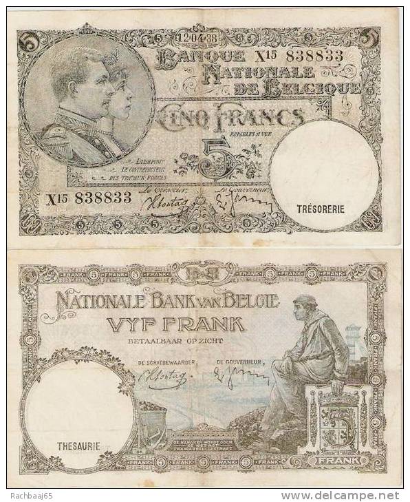 BELGIQUE - 5 Francs  Du 12.04.1938.billet N° X 15 ETAT SUP 838833 RARE REMLASEMANT - 5 Francs